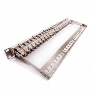 Keline, 10G patch panel MODULO 24xRJ45 Cat.6A ISO STP 1U černý - beznástrojový stříbrný